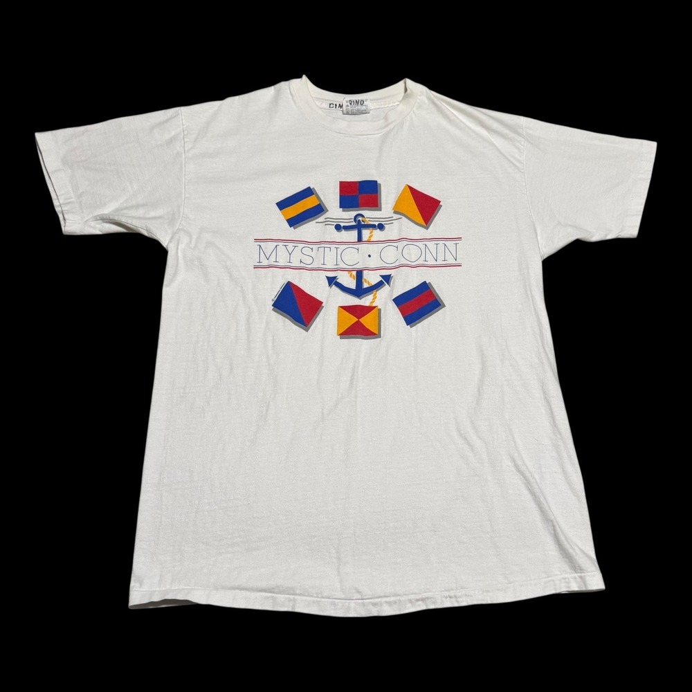 Vintage 90s Hanes Mystic Connecticut Flag Anchor White Single Stitch Shirt Men L